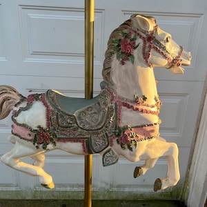 Antique Life Size Beautiful Hand Painted Carousel Horse With Ornate Carousel Tent Style Top image 2