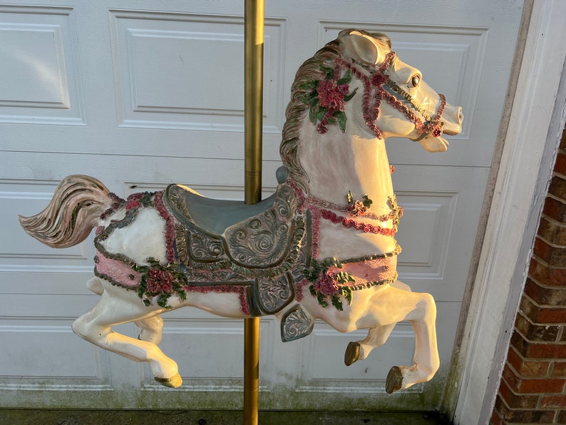 Antique Life Size Beautiful Hand Painted Carousel Horse With Ornate Carousel Tent Style Top image 2