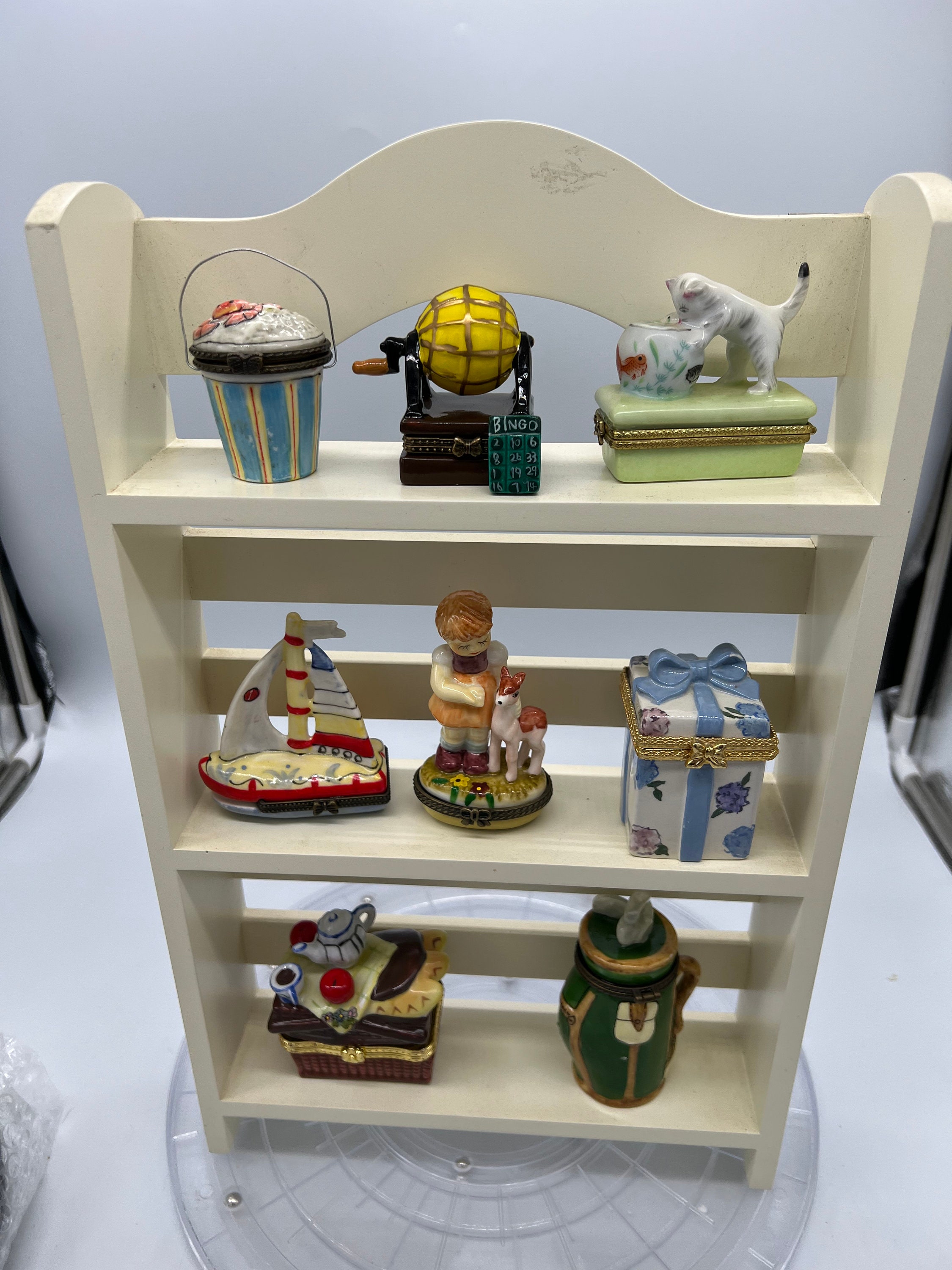 Vintage PHB Porcelain Hinged Trinket Box: Crab Bucket, Bingo, Cat