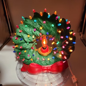 Vintage Hand Painted Ceramic Flickering Candle Christmas Wreath for A Fireplace Mantle or Centerpiece.