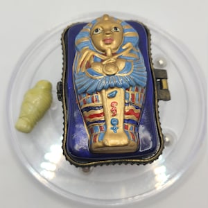 Egyptian Tomb Sarcophagus Porcelain Hinged Box with Mummy Trinket.