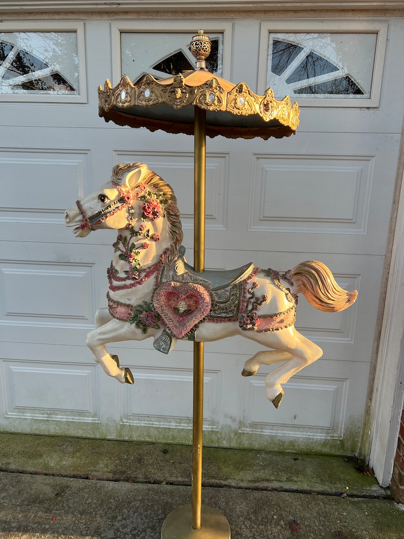 Antique Life Size Beautiful Hand Painted Carousel Horse With Ornate Carousel Tent Style Top image 1