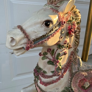 Antique Life Size Beautiful Hand Painted Carousel Horse With Ornate Carousel Tent Style Top image 3