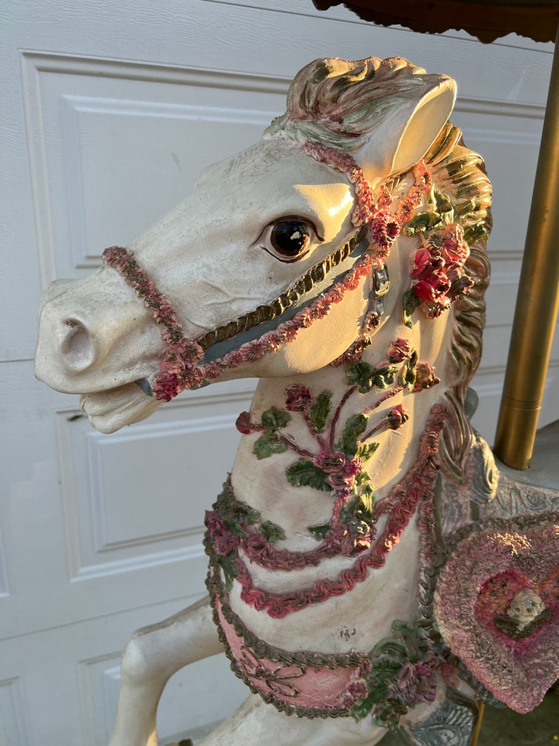 Antique Life Size Beautiful Hand Painted Carousel Horse With Ornate Carousel Tent Style Top image 3