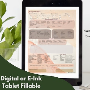 May include: A digital tablet displaying a psychotherapy note template. The template is titled "Progress Note" and includes sections for client initials, date, start time, stop time, insurance, observations, orientation, memory, attention, mood, safety, coping skills, and care needs. The template is designed to be filled out digitally.