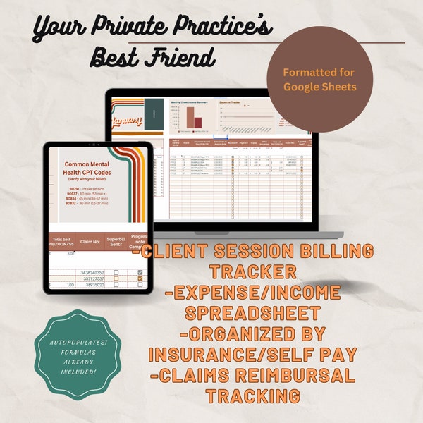 Mental Health Therapist Client Session Tracker Spreadsheet II, Private practice accounting, Budget tool, Google Sheet, income generation