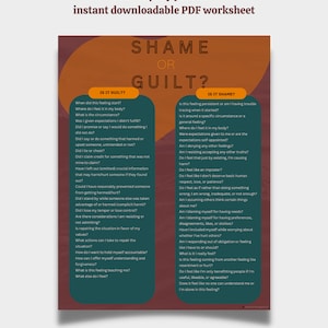 Shame vs Guilt therapy DIGITAL PDF journaling worksheet, self compassion tools, vulnerability and shame awareness