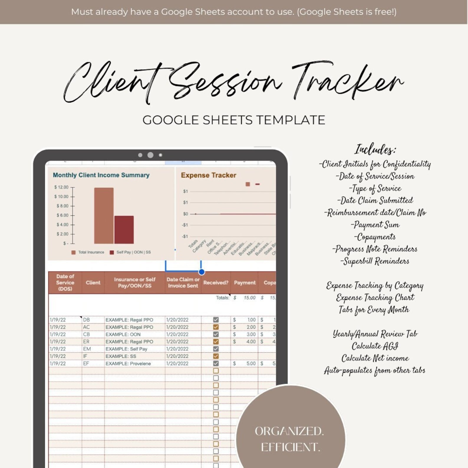 Mental Health Therapist Client Session Tracker Spreadsheet II, Business ...