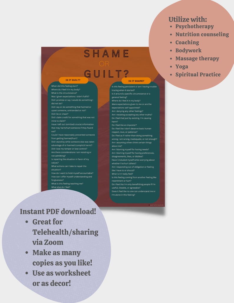 Shame Vs Guilt Therapy DIGITAL PDF Journaling Worksheet, Self