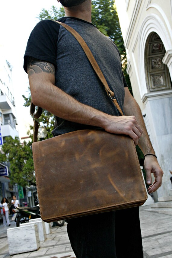 Leather Messenger Bag Waxed Light Brown Leather Laptop Etsy