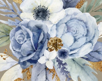 Può includere: Un'illustrazione ad acquerello di una copertina di wedding planner con un bouquet di fiori blu e bianchi con accenti di glitter dorati. Il testo "Wedding Planner" è scritto sotto i fiori.