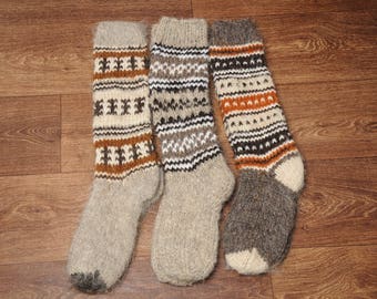 Natural wool socks, woolen knee socks, hand knitted socks, warm high socks, hand knit hosiery, winter socks, Christmas socks, gift idea
