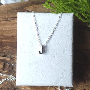 Op de afbeelding: Een zilveren ketting met een kleine letter "J" hanger, gepresenteerd op een witte, getextureerde doos. De ketting is zichtbaar, tegen een achtergrond van hout en groen.