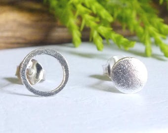 Mix-Matched Sterling Silver Circle Studs: Brushed & Textured