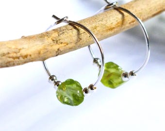 Sterling Silver Peridot Hoop Earrings: August Birthstone, Dainty Gemstone