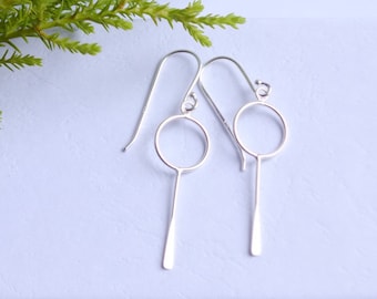 Sterling Silver Geometric Earrings: Handmade Minimalist Circle Bar Drop