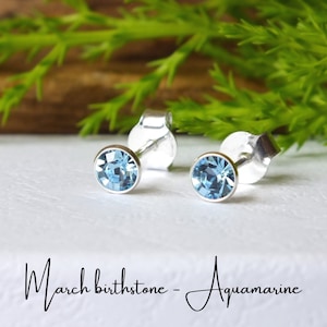 Sterling silver, birthstone studs, 4mm studs, Aquamarine birthstone, March birthstone,  dainty silver studs, March birthday, Aquamarine stud