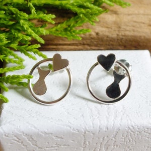 Sterling Silver Cat Studs: Heart Circle Earrings, Cat Lover Gift