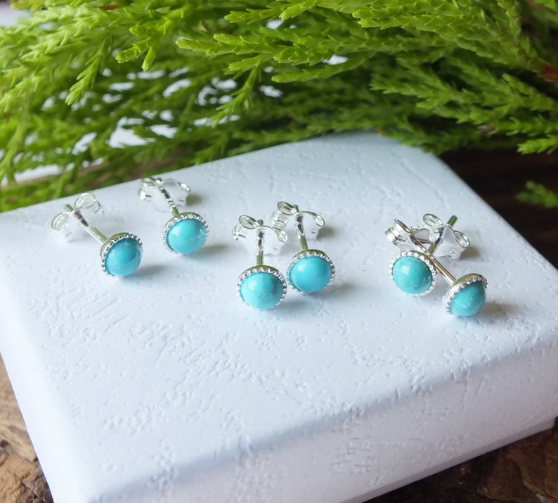 May include: Several pairs of turquoise stud earrings with silver posts are displayed on a white surface. The earrings have a round, light blue stone surrounded by a silver bezel setting. Green foliage is visible in the background.