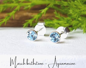 Sterling Silver Aquamarine Studs: March Birthstone Earrings (4mm)