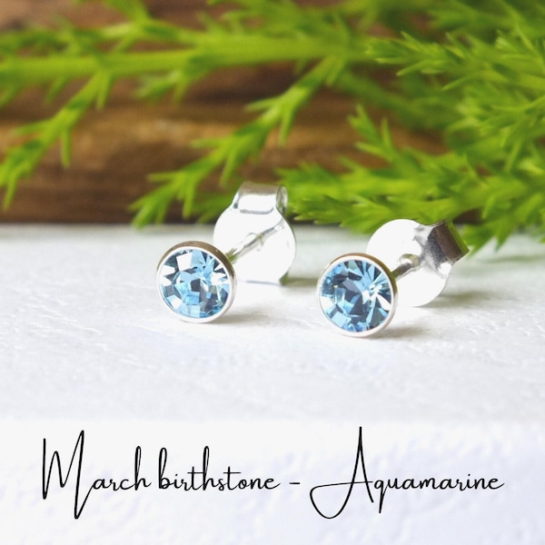 Sterling Silver Aquamarine Studs: March Birthstone Earrings (4mm)