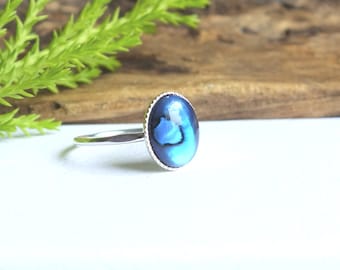 Sterling silver Abalone ring, paua shell ring, dainty ring, blue Abalone ring, Abalone jewellery, seashell ring, sterling Abalone, size L UK