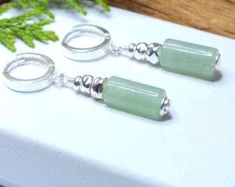 Sterling Silver Huggie Earrings with Aventurine Column Drop • Artisan Dangle Earrings