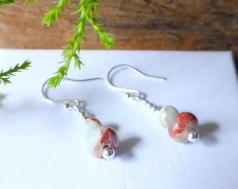 Sterling Silver Impression Jasper Drop Earrings: Boho Dainty Jewelry
