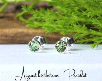 Sterling silver, birthstone studs, tiny 4mm birthstone earrings, Peridot birthstone, August birthstone,  dainty studs, August birthday,