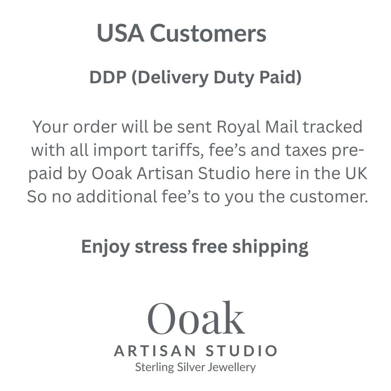 May include: White background with text that reads "USA Customers" and "DDP (Delivery Duty Paid)". The text also states that orders are sent Royal Mail tracked with import tariffs pre-paid by Ooak Artisan Studio.