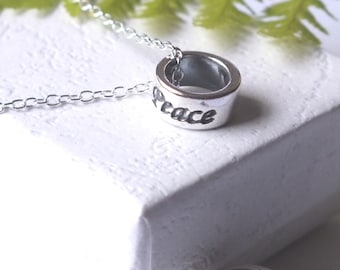 Hand Stamped Sterling Silver Peace Necklace: Affirmation Charm
