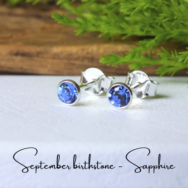 Sterling silver, birthstone studs, tiny 4mm birthstone earrings, Sapphire birthstone, September birthstone,  dainty studs, Sept birthday,