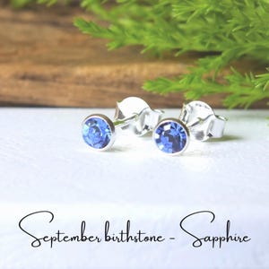 Op de afbeelding: Een paar zilveren oorknopjes met ronde, gefacetteerde blauwe saffierstenen. De oorbellen hebben een eenvoudige metalen zetting en vlindersluitingen. De tekst "September birthstone - Sapphire" staat onder de oorbellen afgebeeld.