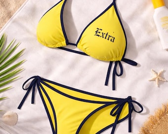 2000s Yellow Triangle Bikini Swimsuit with Navy Trim String Tie Sides Y2K Vacation Spring Break Vibes Pool Vintage Vibe Exta