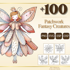 Könnte beinhalten: Eine skurrile Illustration einer Fee mit Patchwork-Flügeln und -Kleid in Pfirsich-, Rosa- und Blautönen. Das Bild enthält den Text "+100 Patchwork Fantasy Creatures" und Dateiformatsymbole.
