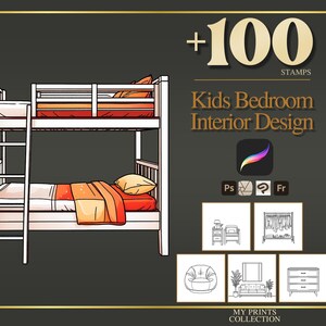 May include: A digital illustration of a white wooden bunk bed with orange bedding and a ladder. The image includes the text +100 STAMPS Kids Bedroom Interior Design, software icons, and five small line-art squares showing furniture items.