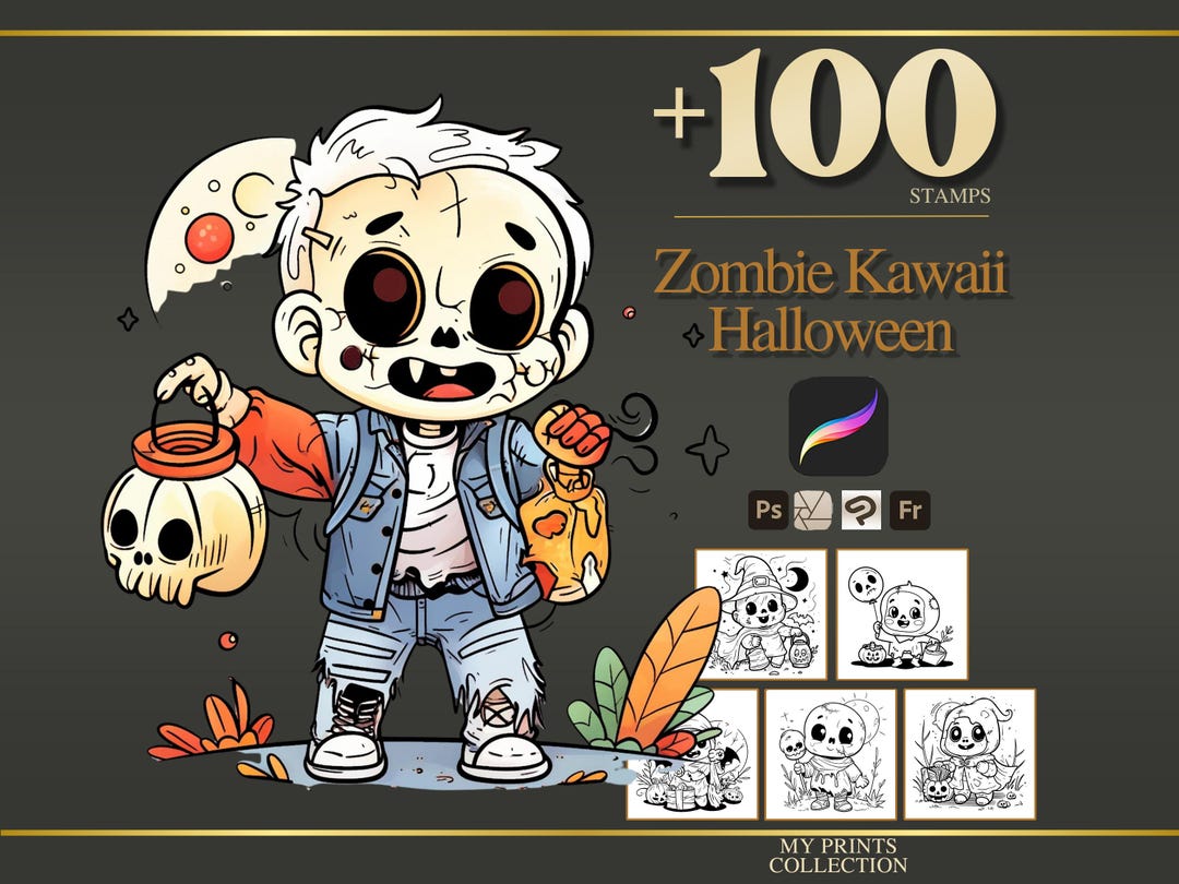 Zombie Kawaii Halloween Procreate Stamps & Photoshop Brushes – 100 ...