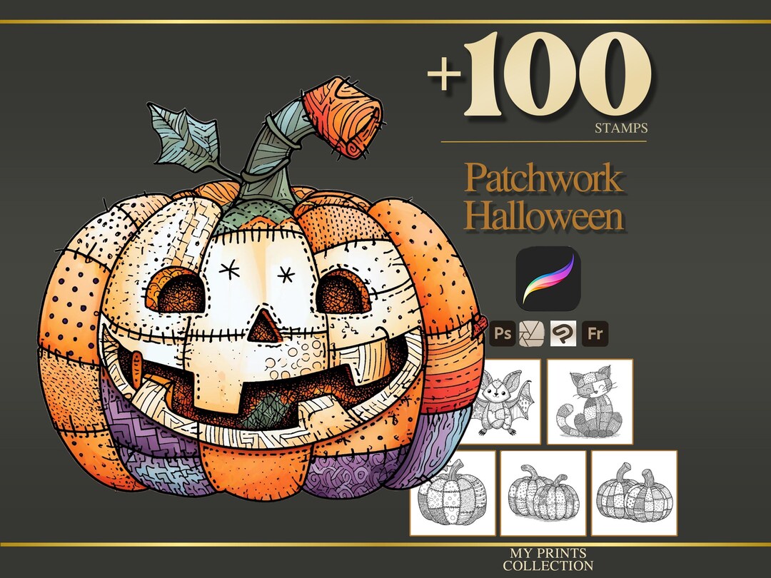 Halloween Patchwork Procreate Stamps & Photoshop Brushes – 100+ Fashion ...