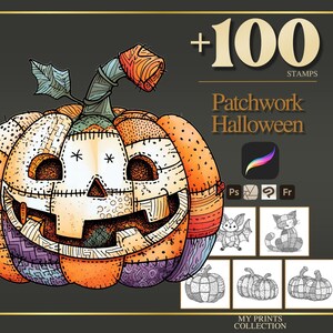 Könnte beinhalten: Bunte Illustration eines Patchwork-Kürbisses mit lächelndem Gesicht, Stiel und Blättern. Das Bild enthält den Text "+100 STAMPS Patchwork Halloween" und mehrere kleine Halloween-Zeichnungen.