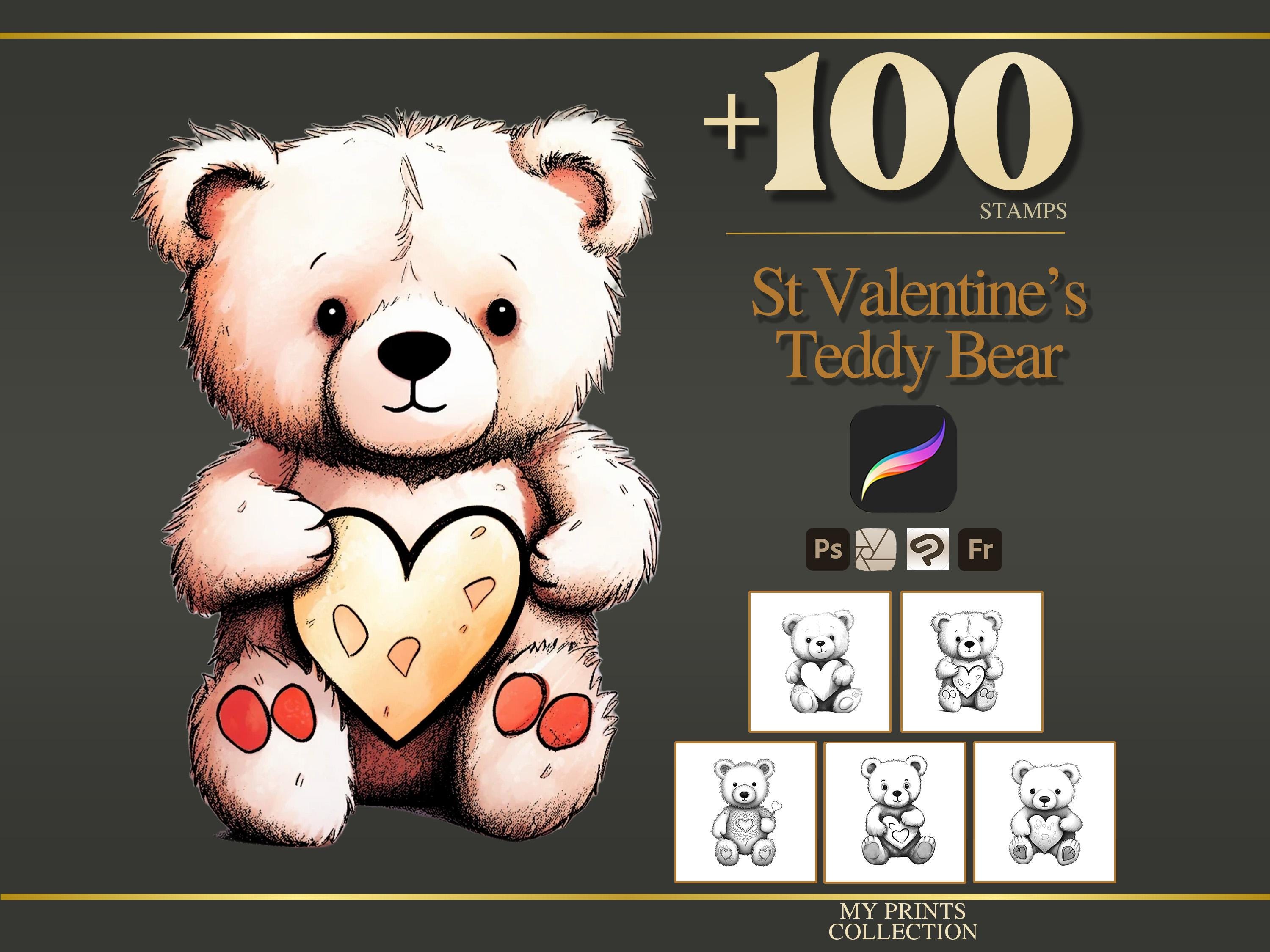St Valentines Teddy Bear Procreate Stamps & Photoshop Brush – 100 ...