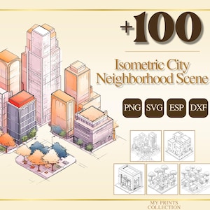 Op de afbeelding: Isometric stadsbeeldillustratie met verschillende gebouwen, bomen en een park. De afbeelding bevat de tekst "+100 Isometric City Neighborhood Scene" en bestandstype-pictogrammen voor PNG, SVG, ESP en DXF. Extra kleine stadsbeeldillustraties zijn ook inbegrepen.