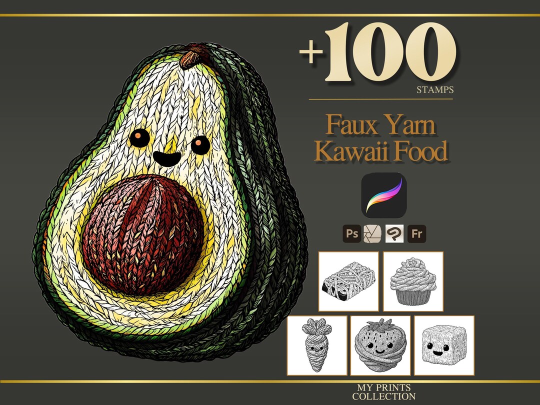 Faux Yarn Kawaii Food Procreate Stamps & Photoshop Brushes – 100 ...