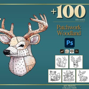 Può includere: Un'illustrazione di una testa di cervo con grandi corna, con un design patchwork nei toni del beige, crema e marrone. L'immagine include il testo "+100 BRUSHES" e "Patchwork Woodland" con piccole illustrazioni di animali.