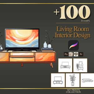 Könnte beinhalten: Ein digitales Illustrationsset mit +100 Living Room Interior Design Stempeln für Procreate, Photoshop und andere Software. Das Bild zeigt einen Fernseher auf einem hölzernen Medienmöbel mit Pflanzen sowie fünf schwarz-weiße Strichzeichnungen als Symbole.