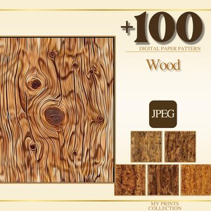 Könnte beinhalten: Digitales Papier Muster mit detailliertem Holzmaserungsdesign. Das Bild zeigt ein großes Quadrat mit Holzmaserung, das Wort "Wood" und den Text "+100 DIGITAL PAPER PATTERN". Es werden auch mehrere kleinere Holzmaserungsmuster gezeigt.