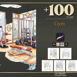 Gym Procreate Stempel & Photoshop-Pinsel - 100+ Innenraum Design Tattoo, Illustration, Line Art, Schablone, Pinsel Paket