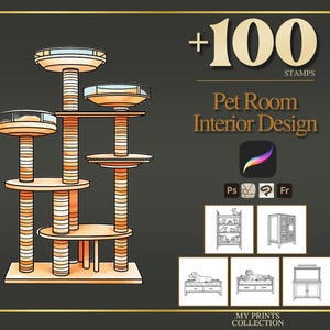 May include: A digital illustration of a multi-level cat tree with circular platforms and striped posts. The image includes text reading +100 STAMPS, Pet Room Interior Design, and My Prints Collection, alongside icons for software compatibility.