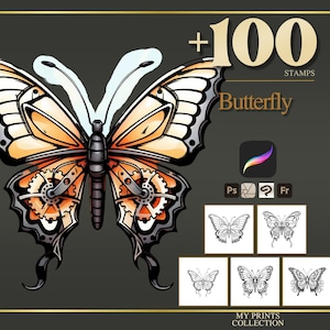 Butterfly Procreate Stamps & Photoshop Brushes – 100+ Tattoo Realistic Insect Moth Bug, Illustration, Line Art, Stencil, Brush Pack