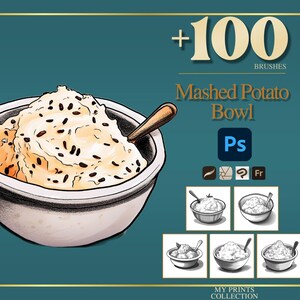 May include: Illustration of a bowl of mashed potatoes with a spoon, set against a teal background. The image includes the text "+100 BRUSHES" and "Mashed Potato Bowl Ps".