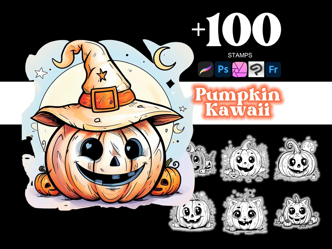 100+ Pumpkin Kawaii Halloween Procreate Stamps Set & Photoshop Brushes ...